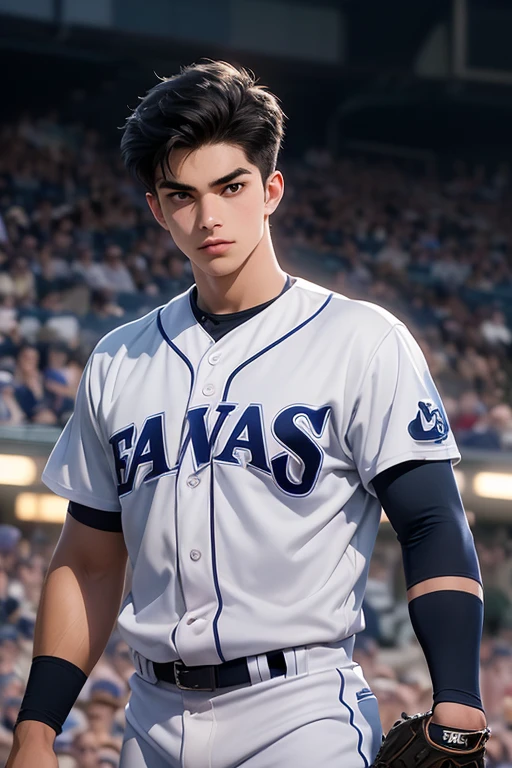 Highest quality,Ultra HD,2d,Cartoon style,A high school baseball player is standing wearing a baseball uniform, Height 179cm, Well-balanced, muscular build. ((He has black hair and wears a helmet)),(The eyes are large but sharp.), Sharp jawline, fitted baseball uniform, Capped, (Standing with a bat),((Stadium background 1.5))