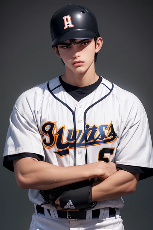 Highest quality,Ultra HD,2d,Cartoon style,A high school baseball player is standing wearing a baseball uniform, Height 179cm, Well-balanced, muscular build. ((He has black hair and wears a helmet)),(The eyes are large but sharp.), Sharp jawline, fitted baseball uniform, Capped, (Standing with a bat),((Stadium background 1.5))