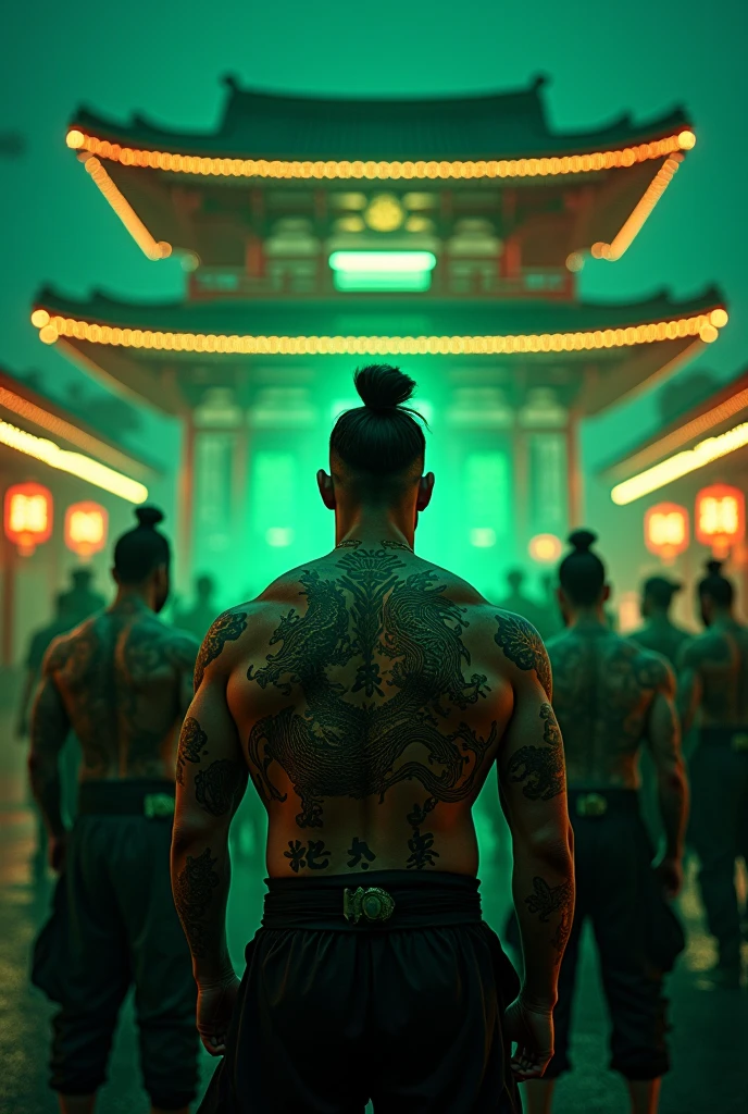 8k Beautiful Yazuka men, dressed in Japanese costume, back tattooed of a dragon with Japanese letters behind a Japanese temple, with green neon lights, at night
