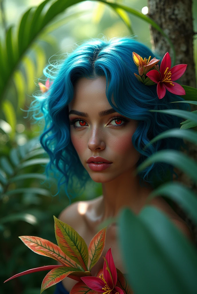 A 1 Brazilian woman with blue hair and red eyes in a garden 