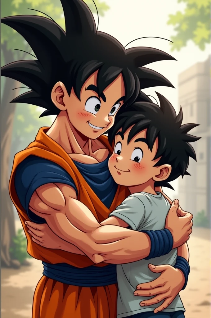 Goku hugs a boy and the boy has 'prayag' written on his t-shirt