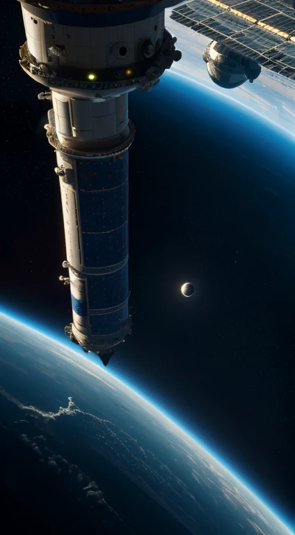 Space station orbiting massive alien planet, lights on station, ships moving away from station to planet