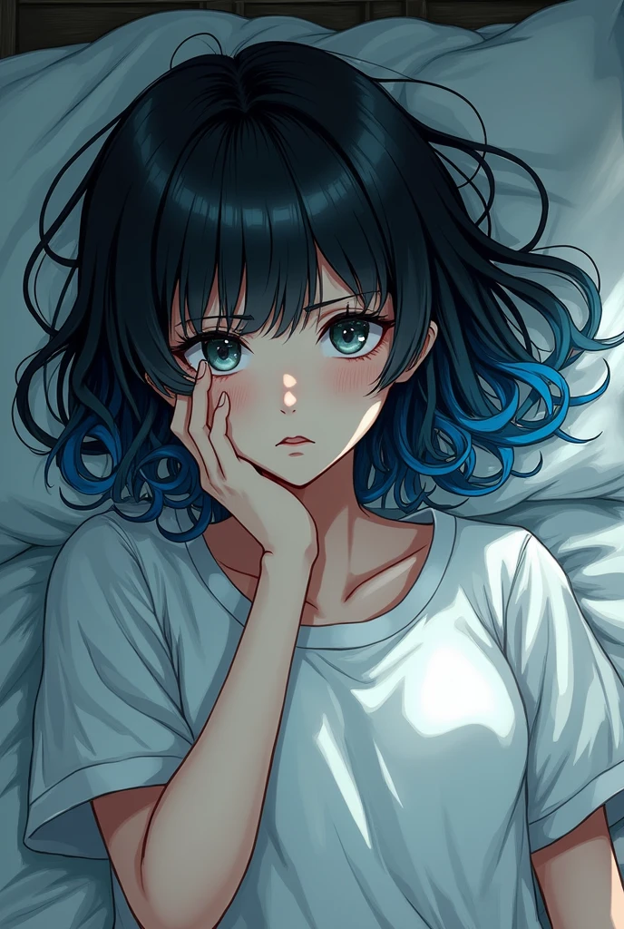 adult girl, lying in bed, black hair with some blue curls, across the disordered wide, the pupils of the eyes that are gray, with a white shirt and a serious expression, a hand on the face and with a serious and not pretty mangaka style