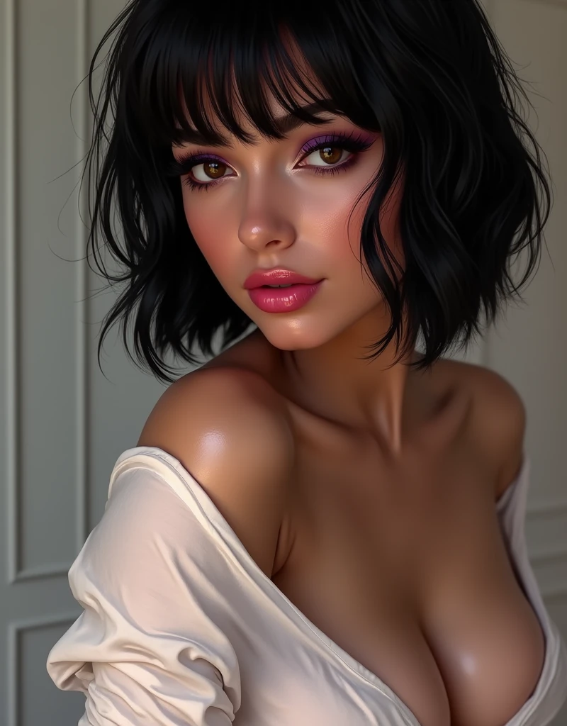 A hot latina mommy, (glossy pink lipstick, light purple eyeliner), sensual eyes and long eyelashes (glossy dark black hair bob haircut) , with hug  in her white and wet t-shirts, a pantie cameltoe 