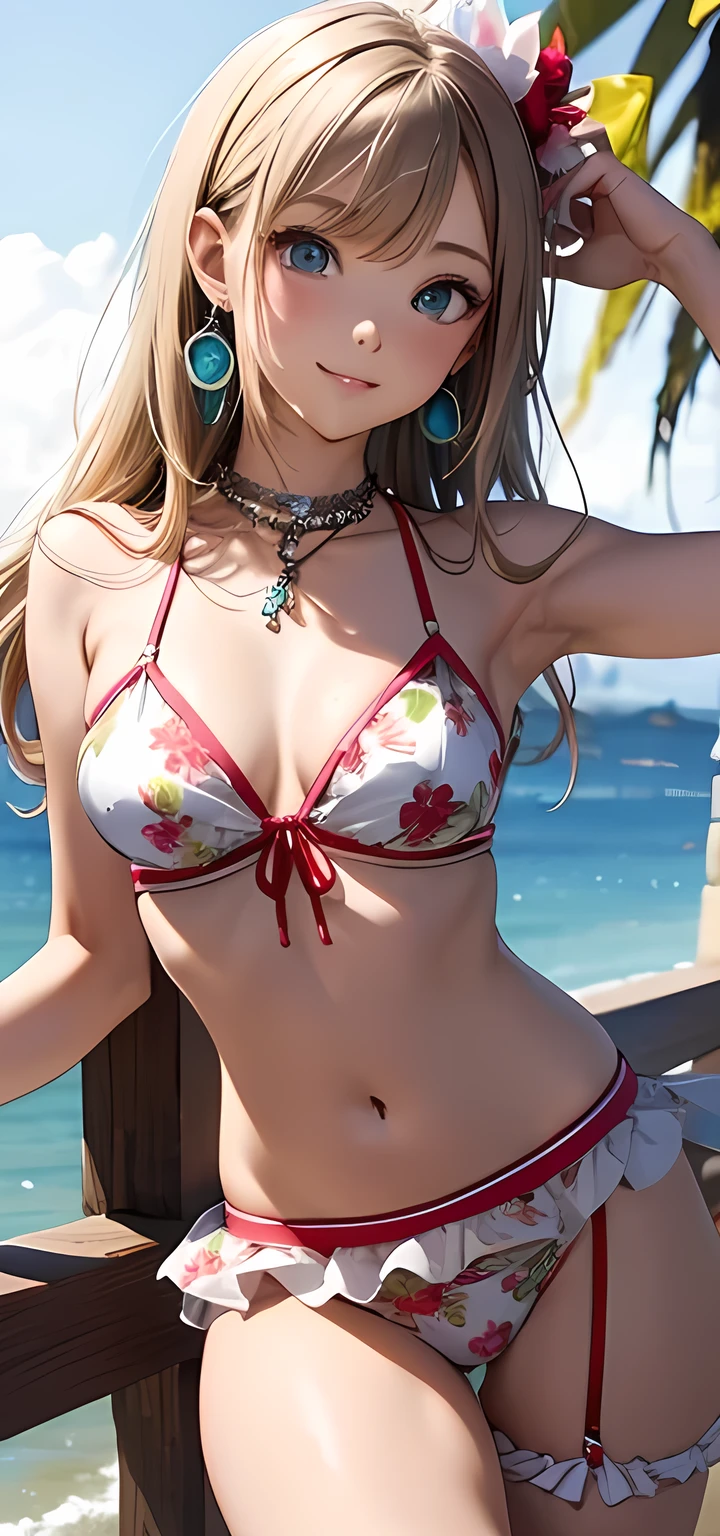 masterpiece,Ultra-high resolution、Highest quality、Sexy pose、On a tropical beach、blonde、Tie your hair back:1.2, blue eyes, smile、Tilt your head、Large gemstone earrings and chokers:1.5,、Chain belt、String、Spread your legs、Model walking、Small breasts、The body is very slim、skinny、Super tight waist、Thin thighs、Cowboy Shot、 white, lime green, Red and pink floral ruffle bikini、skirt-style bikini、Ribbon Garter:1.4