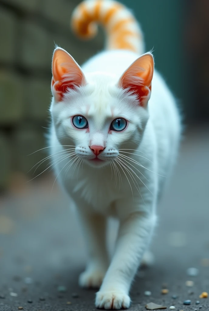 Stunning white cat, blue colored eyes, striped yellow tail, photo in 8k, in action, cinematic.