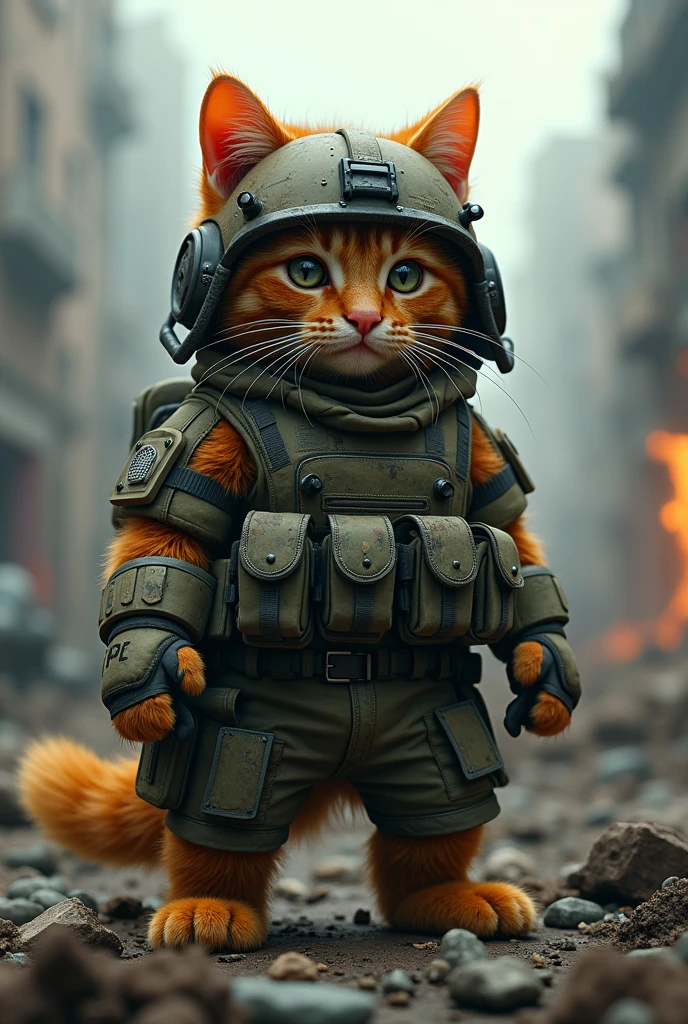 orange cat,wearing comando helm and suit combat,war place,