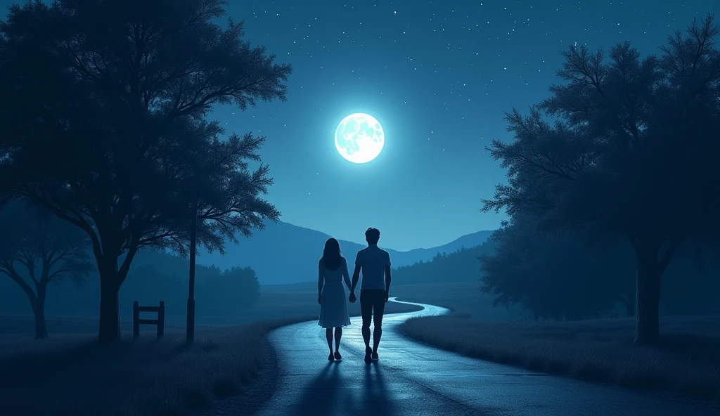 A couple walking hand in hand along a deserted road under a bright, full moon. The moonlight casts a gentle glow over them and the path, creating a serene and romantic atmosphere. They are gazing into each other's eyes, sharing a moment of deep affection and love. The road is lined with shadowy trees, and the sky is clear with a scattering of stars, adding to the tranquility of the scene."