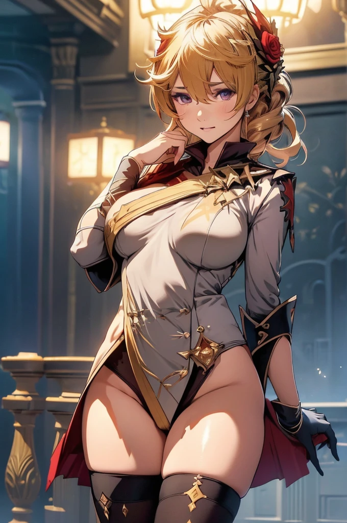 (Best quality, Ultra detailed, Golden ratio, Masterpiece:1.2), Theatrical lighting:0.7(ray tracing), 1 girl, Tartaglia from Genshin impact, turned into a woman, posing, athletic body, small thighs, Voloptuous breasts,perky breasts, heart-shaped ass, tight pussy(shiny skin)(detailed skin) (perfect hands), posing, mature, sexual, attractive, lewd, orgasmic, blushing, very feminine, wearing an elegant dress, thigh highs(perfect eyes), in a ballroom