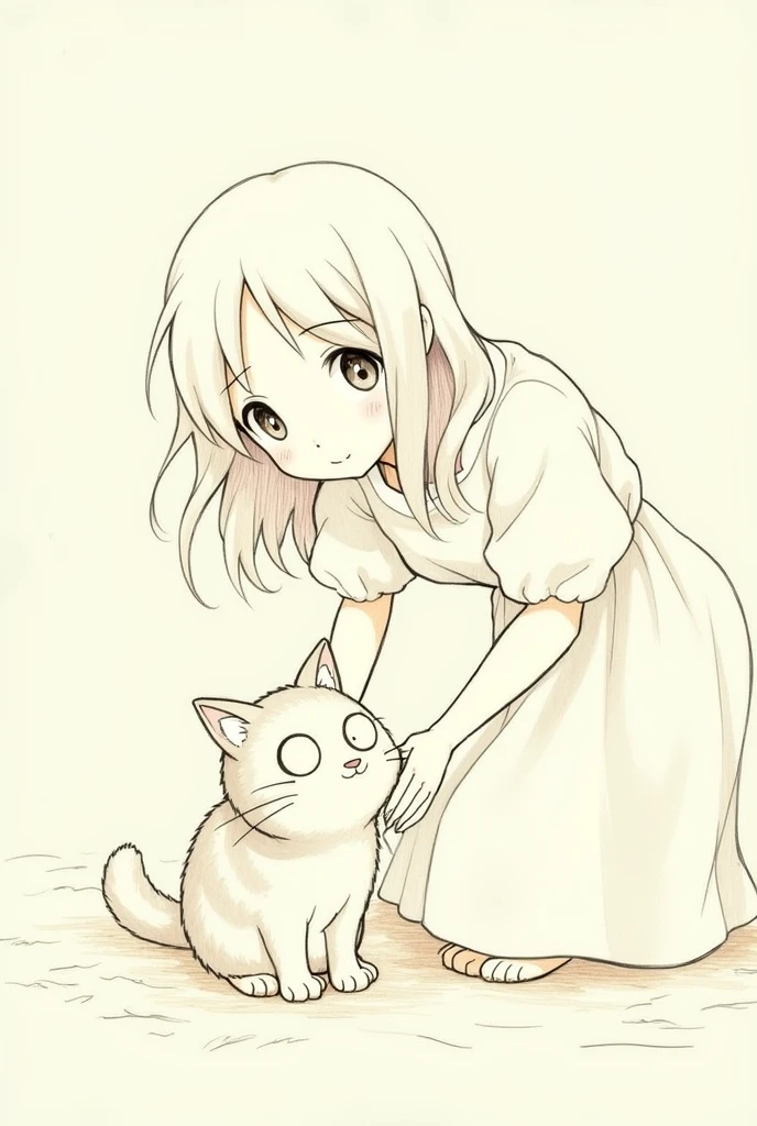 create a sketch of a girl with a cat in the style of ghibli drawings