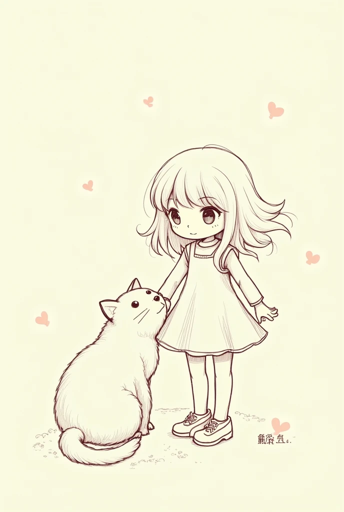 create a sketch of a girl with a cat in the style of ghibli drawings