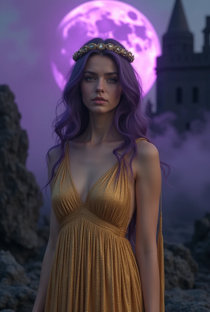 English woman 20 years old,skin fair,sparkling green eyes,dark purple hair,vestido de uma Deuz grega dourado,purple new moon,black castle,toxas rochas,purple smoke,Deuz,scenarioposes,make-up,cinema image,品質,full body images,detailed,full body image,high resolution,