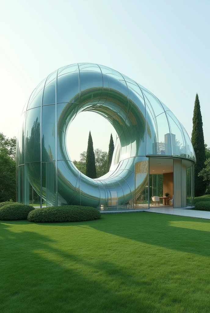 A vertical donut-shaped house with completely transparent walls that sits on a very large, green lot 
