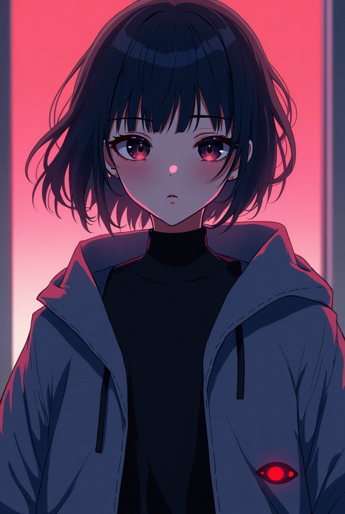 An anime-style character, Trans man, shorth hair, but at neck height, he is very effeminate, He has 1,50 tall, dark eyes and black hair and he wears an overcoat, curly hair, in the coat part there is a little red eye on the left and it is small, just like a symbol and inside he wears a black blouse with a high collar