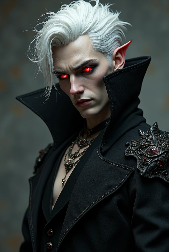A handsome white haired vampire king with red eyes. He has a lot of charisma. He wears rings and has piercings