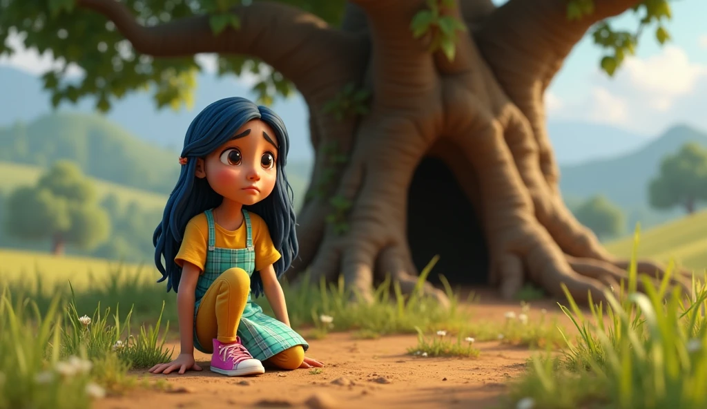 SIDE VIEW ((masterpiece, best quality)), award winning, 4k, 8k, 3d pixar animation character, visible face, (one 2 woman NAMED BRISA), portrait, beautiful, cute, yellow shirt, yellow pants, light long blue apron, pink sneakers, long plaid blue hair, light tan skin, brown eyes, ((Perfect Hands)), UHD, 8K, ON HER KNEESS WITH SAD EXPRESSION EXPLAINING SO A  SOMETHING, BACKGROUND IS: ((masterpiece, best quality)),3d illustration of countryside el salvador, a big, tall and wide amate tree behind with a big hole in its trunk