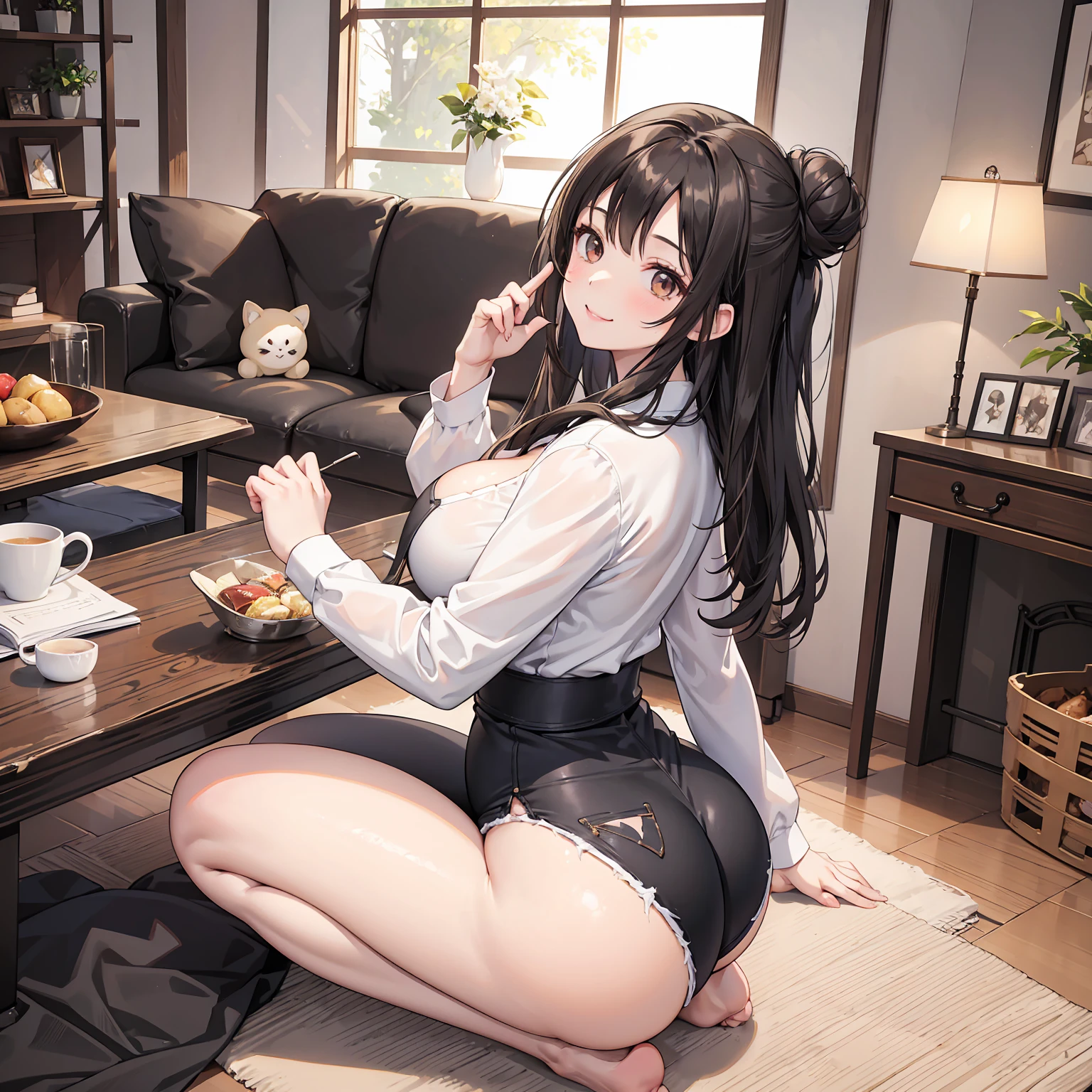 1Girl, Solo pic, Mature woman, Anime, Soft details, Brown eyes, Black hair, Asian, Huge boobs, Big ass, Kind face, Smile, Smiling, Kind face, Solo picture, Living room, Cozy house, Smiling at viewer, Alone on living room, Aesthetic lighting, Smiling, Siren eyes, Japanese eyes, Japanese anime milf, Milf, Mature, Curvy, Thick thighs, Thunder thighs, Bun hair, White long sleeved shirt, Cleavage, Tight jeans, Kind face, Kind expression, Perky breasts, Tall, Black hair, slanted eyes, Sanpaku eyes, Clear skin, Soft face, Wide hips