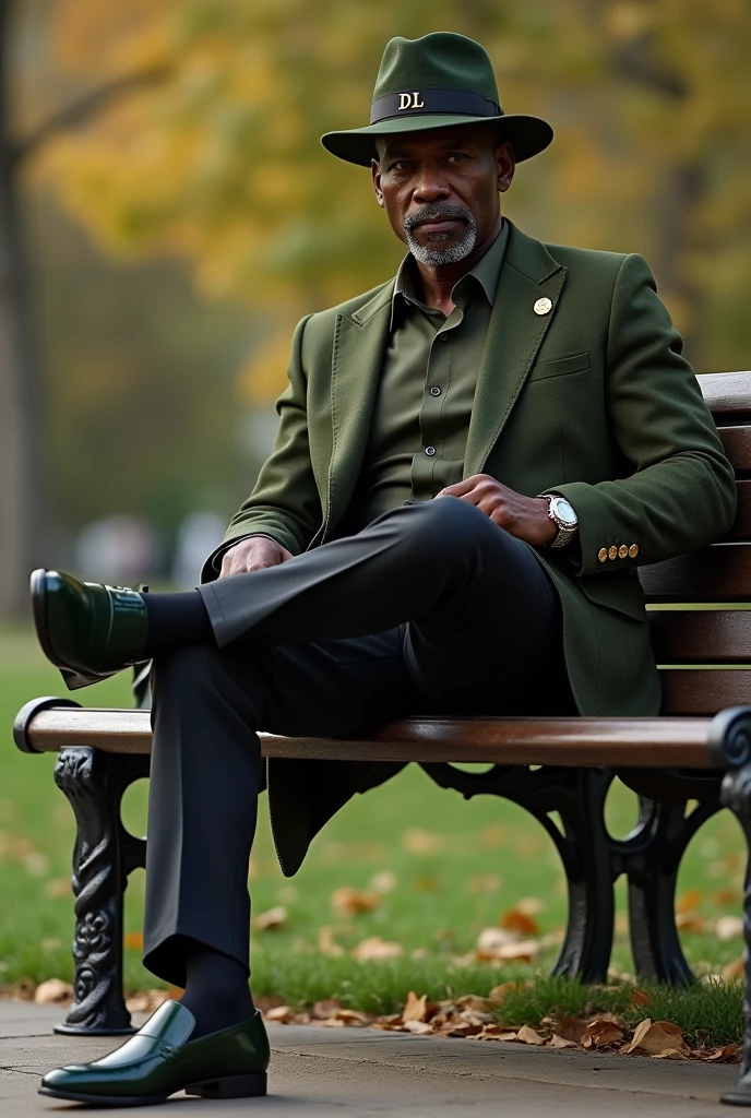 Forty year old black man, very elegant and sophisticated, with a goatee,wearing a gangster fedora hat, from middle aba, military green shirt,, slim black tailored pants, Italian cut Italian loafer shoes in military green The initials DL are written on the hat band and the lapel of the blazer The model is sitting with legs slightly crossed on a park bench