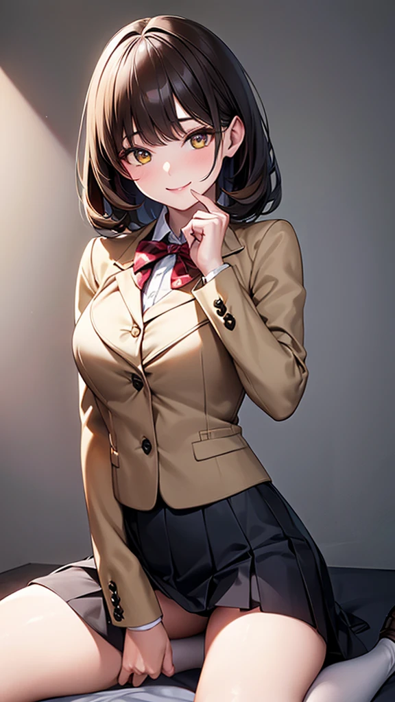 4K resolution,((Highest quality)),Ultra-high resolution,young woman, alone, sexy, (A fleeting smile), (Pale yellow eyes), Beautiful and symmetrical face, (Brown set medium hair),Blazer uniform,Dress shirt,Pleated mini skirt,Knee-high socks,Realistic:1.4,Realistic:1.4,(masterpiece:1.2),Perfect Eyes,Perfect Eyes,Perfect Legs,Open your legs a little,classroom,（Fellatio gestures:1.1）,（Open your mouth:1.2）