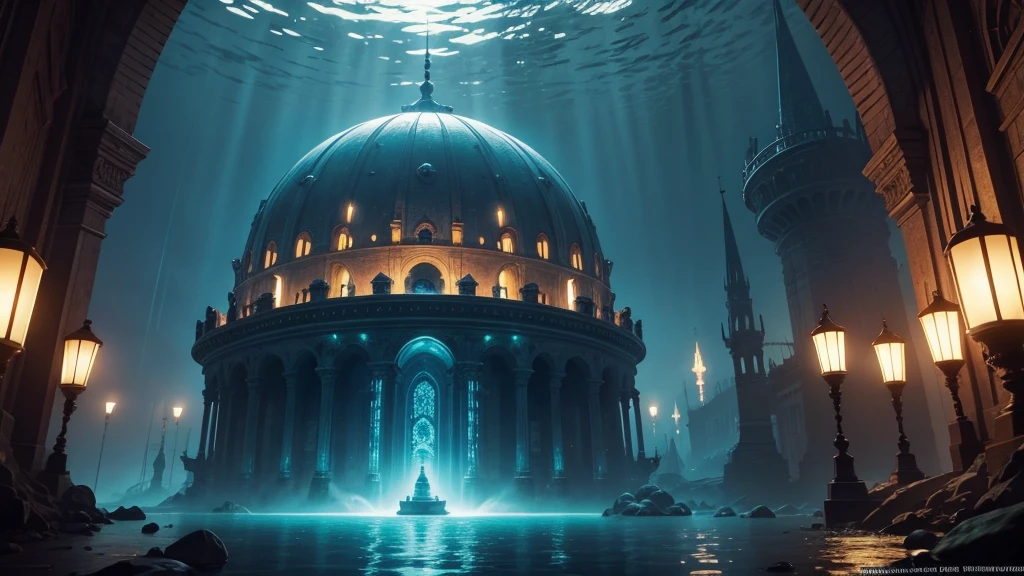 an underwater city with a giant dome,giant castle in the middle,pearly lights,illuminated ocean,underwater architecture,intricate details,cinematic lighting,ethereal atmosphere,serene and peaceful,vibrant colors,bioluminescent marine life,realistic 3d rendering,dramatic camera angle,ultra-detailed,high resolution,masterpiece