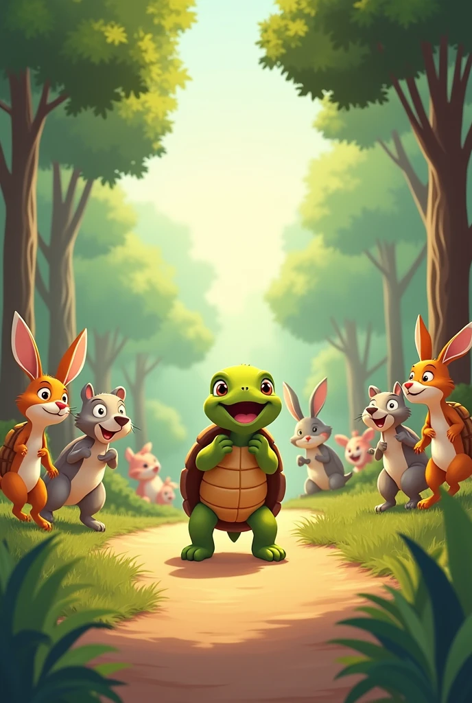 Create cartoon cute The Lesson
The animals in the forest cheered for the Tortoise. The Hare was surprised, and he learned a lesson: “Slow and steady wins the race.” The Tortoise smiled and said, “Never give up, even if it seems hard.” create easy to explain Tortoise and rabbit between race