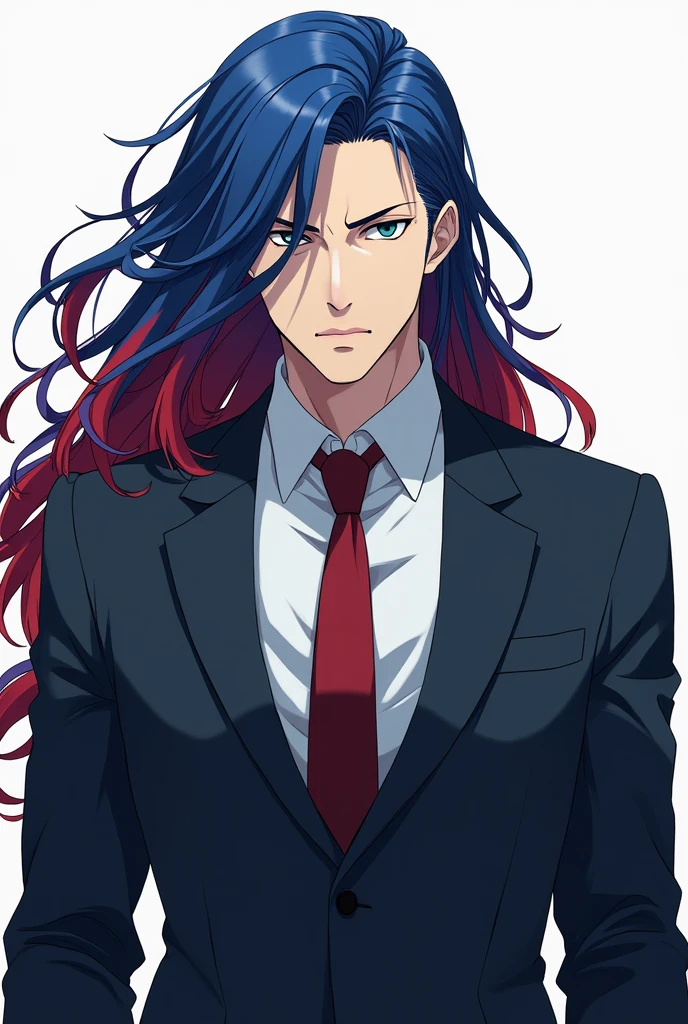 White man with long blue and red hair in suit and serious expression anime