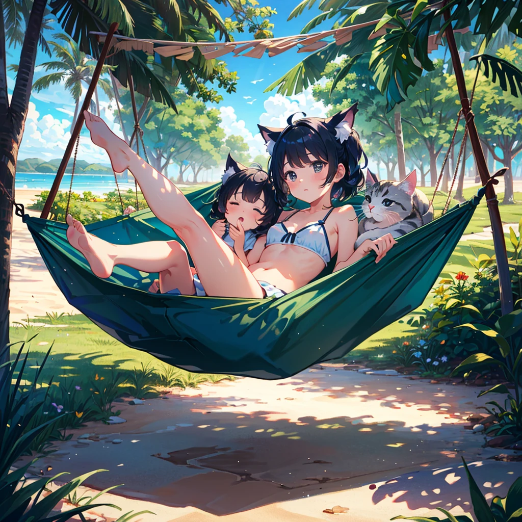 {{{Masterpiece, highest quality, high resolution background}}}, Bright and beautiful atmosphere, 1 girl (, round face, baby face), small breasts, sandy beach, hammock, many kittens sleeping in the hammock, A girl shaking a hammock, a mini pig looking up at the hammock, "deltamon_sdXL :0.73)>Deltamon"