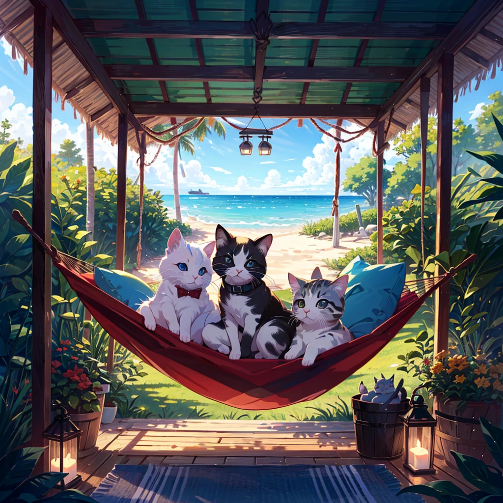 {{{Masterpiece, highest quality, high resolution background}}}, Bright and beautiful atmosphere, 1 girl (, round face, baby face), small breasts, sandy beach, hammock, many kittens sleeping in the hammock, A girl shaking a hammock, a mini pig looking up at the hammock, "deltamon_sdXL :0.73)>Deltamon"