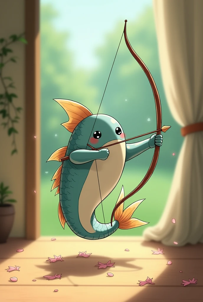 Hi, give me an image of the fish bow referring to a fish with a bow and arrow, as if it were the fusion of Sagittarius with Pisces, but it should be in the Studio Ghibli style, do it without horns, Let it be from the Ghibli studio of the good characters