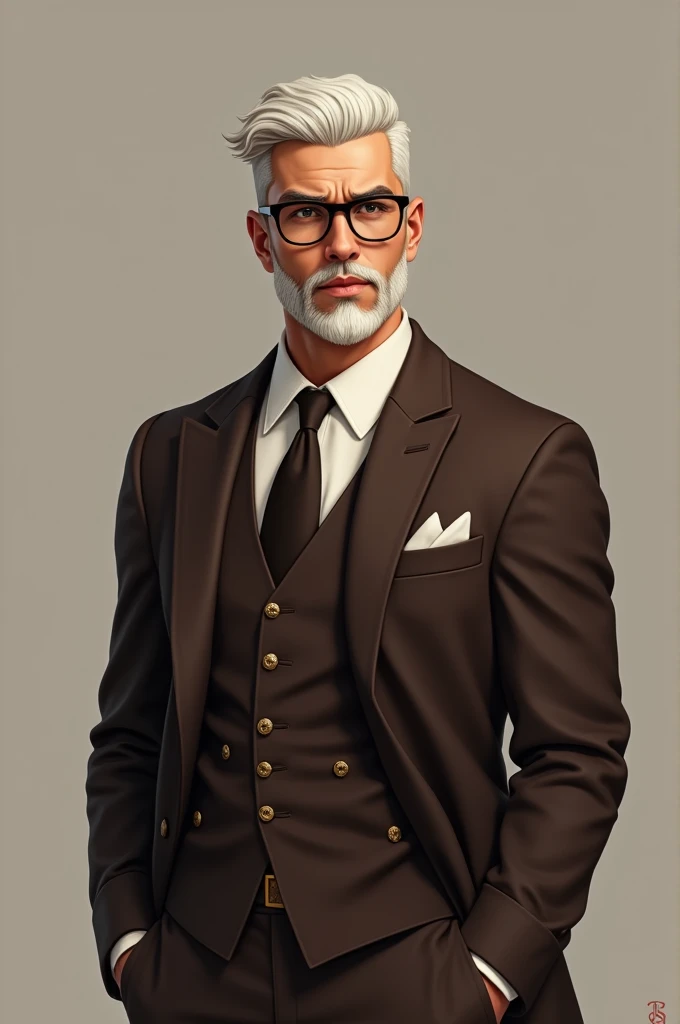 a male character, offwhite, short hair with a traditional cut, Brown suit, dark brown eyes, beard like glasses, broadshouldered, not very muscular, chic, 24 years,