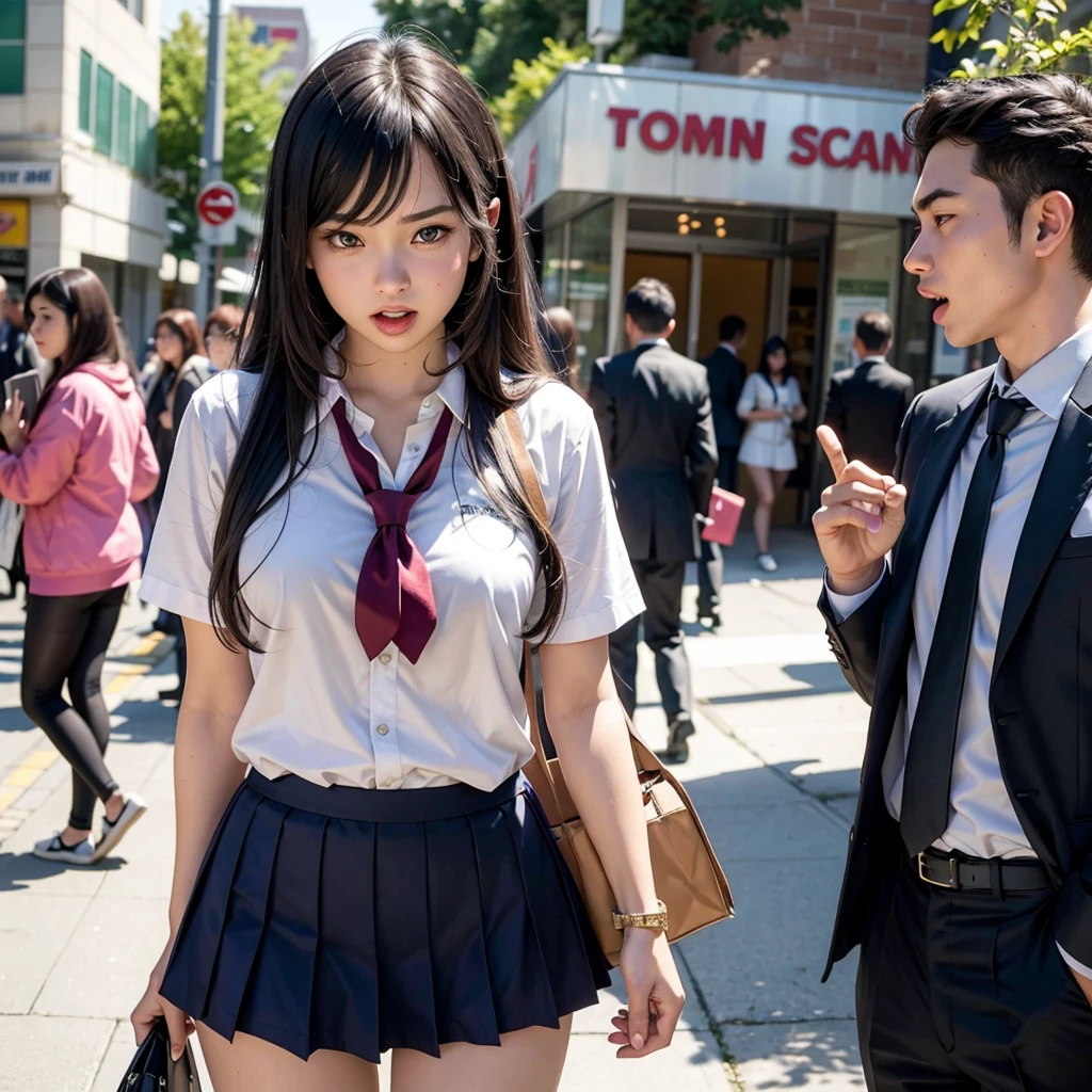 Beautiful and innocent high school girls and perverted men, Molested by perverted men lying in wait, A beautiful girl with a baby face like an idol, The skirt of the school uniform is missing, exposing the panties, She screams with her mouth open in shame at being seen naked in public, Glaring shyly at the viewer, Touched by perverted men, There's no escape, Beautiful black hair, Increased sensitivity, Beautiful Eyes, Ultra high definition, Clear white skin, Slender body, Japanese, Anatomically correct