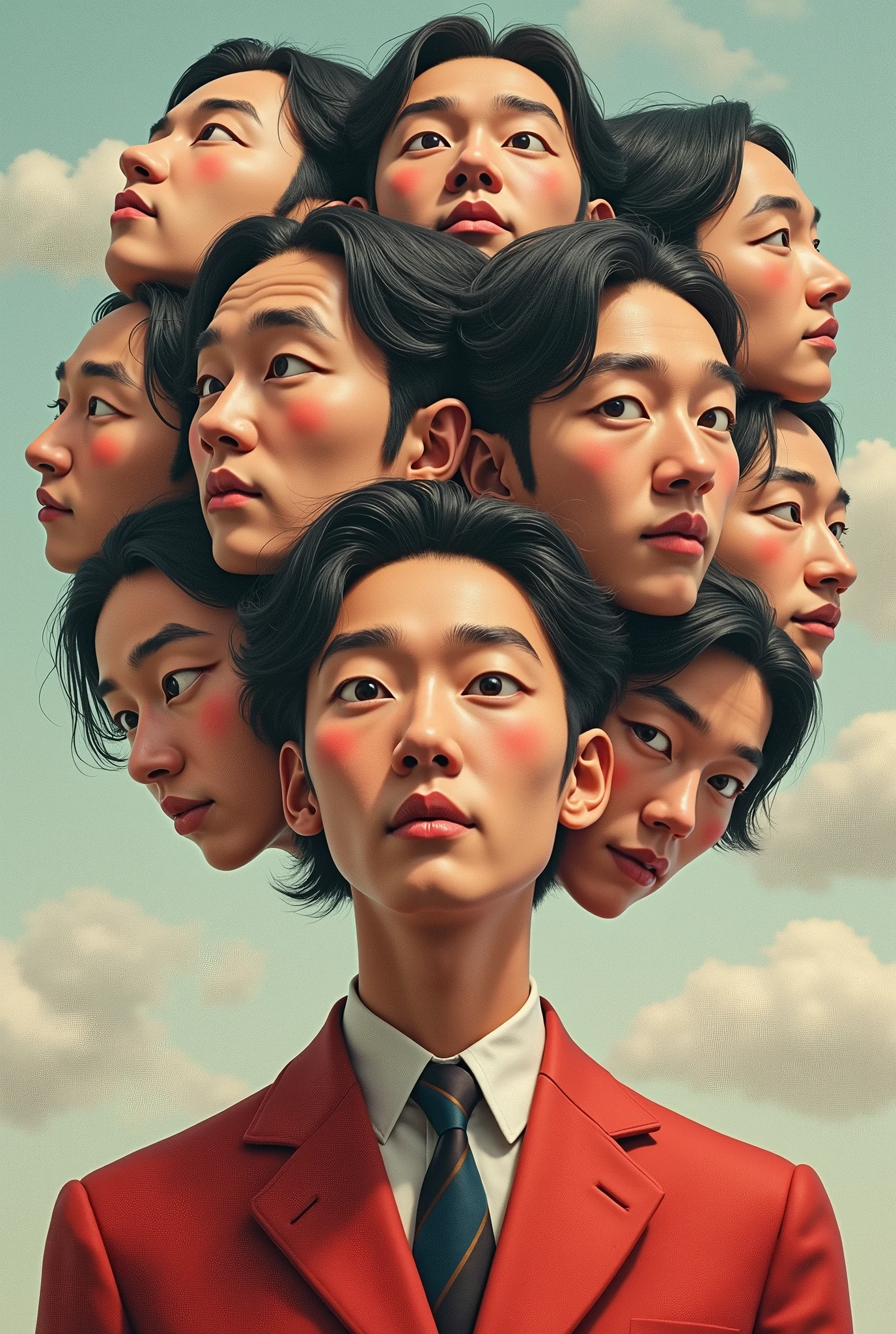 Expressionist artwork images of multiple floating heads of japanese men, 3d collage style, make it weird and gallery worthy