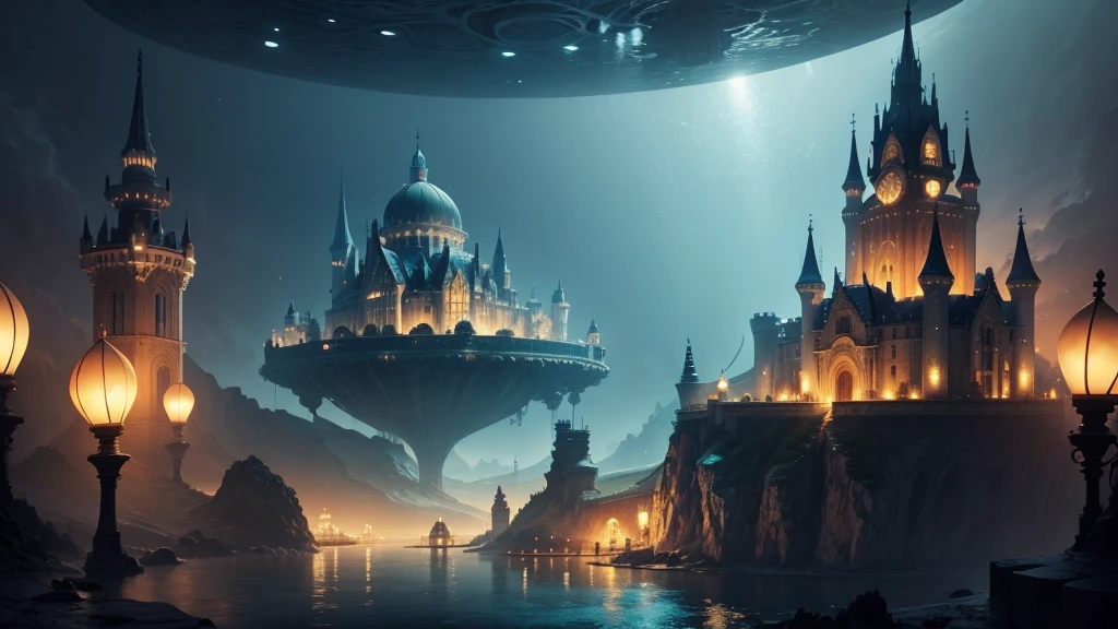 an underwater city with a giant dome with a castle in the middle, giant pearly with many lights, illuminated ocean