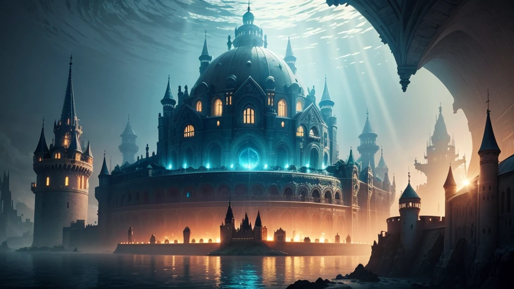 an underwater city with a giant dome with a castle in the middle, giant pearly with many lights, illuminated ocean
