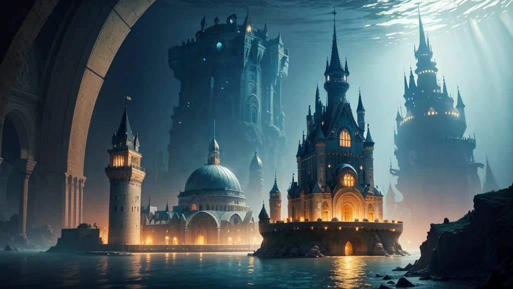 an underwater city with a giant dome with a castle in the middle, giant pearly with many lights, illuminated ocean