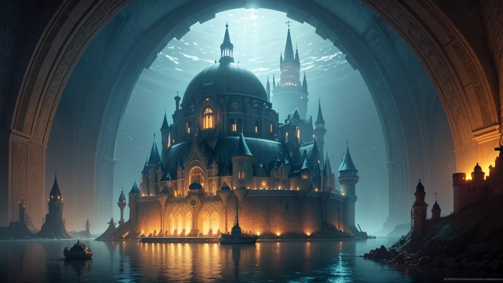 an underwater city with a giant dome with a castle in the middle, giant pearly with many lights, illuminated ocean