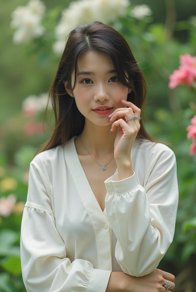 Japanese women、garden、Selfie fair skin、Big Breasts、single eyelid、Year: 35、Moderate、shirt、ring