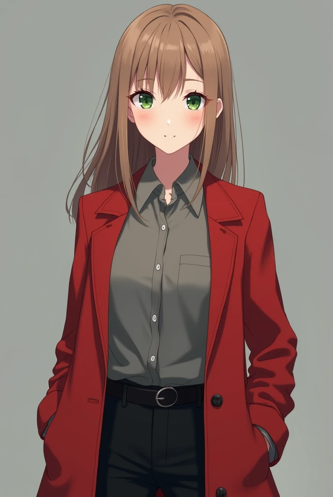 More mature anime style image. A gray background image. A teenage girl with light brown hair, clear green eyes, was wearing a gray blouse and a red overcoat along with black pants.