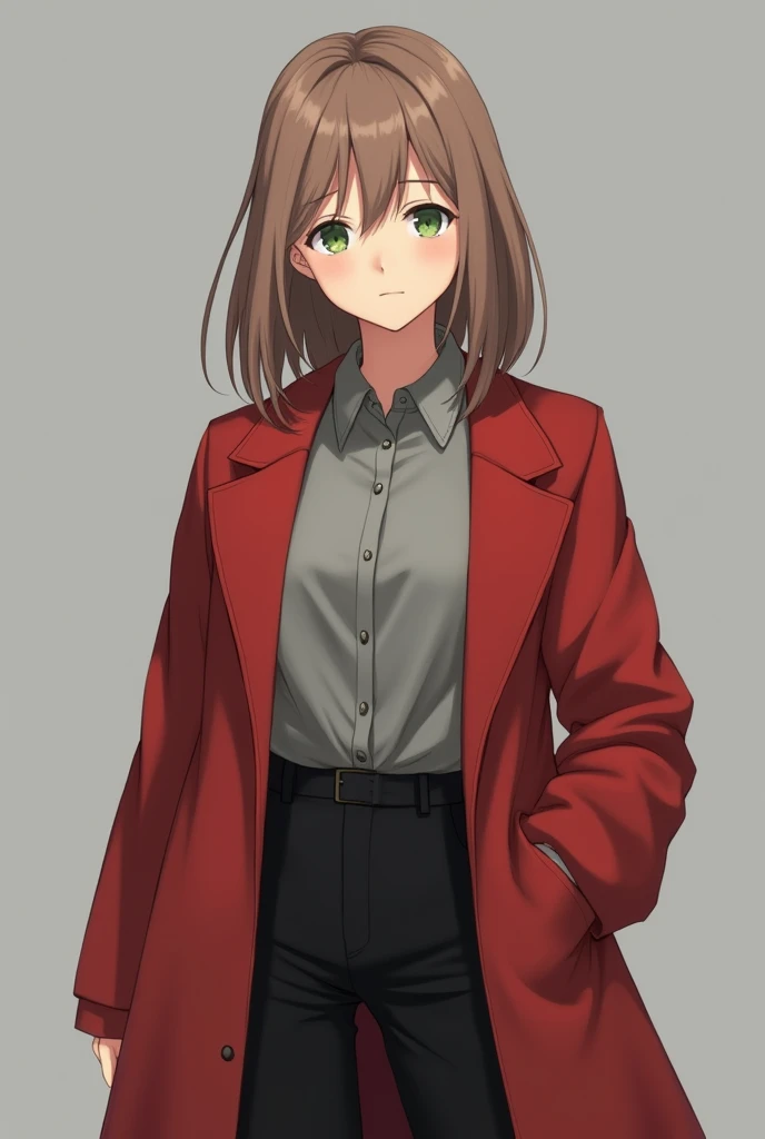 More mature anime style image. A gray background image. A teenage girl with light brown hair, clear green eyes, was wearing a gray blouse and a red overcoat along with black pants. 