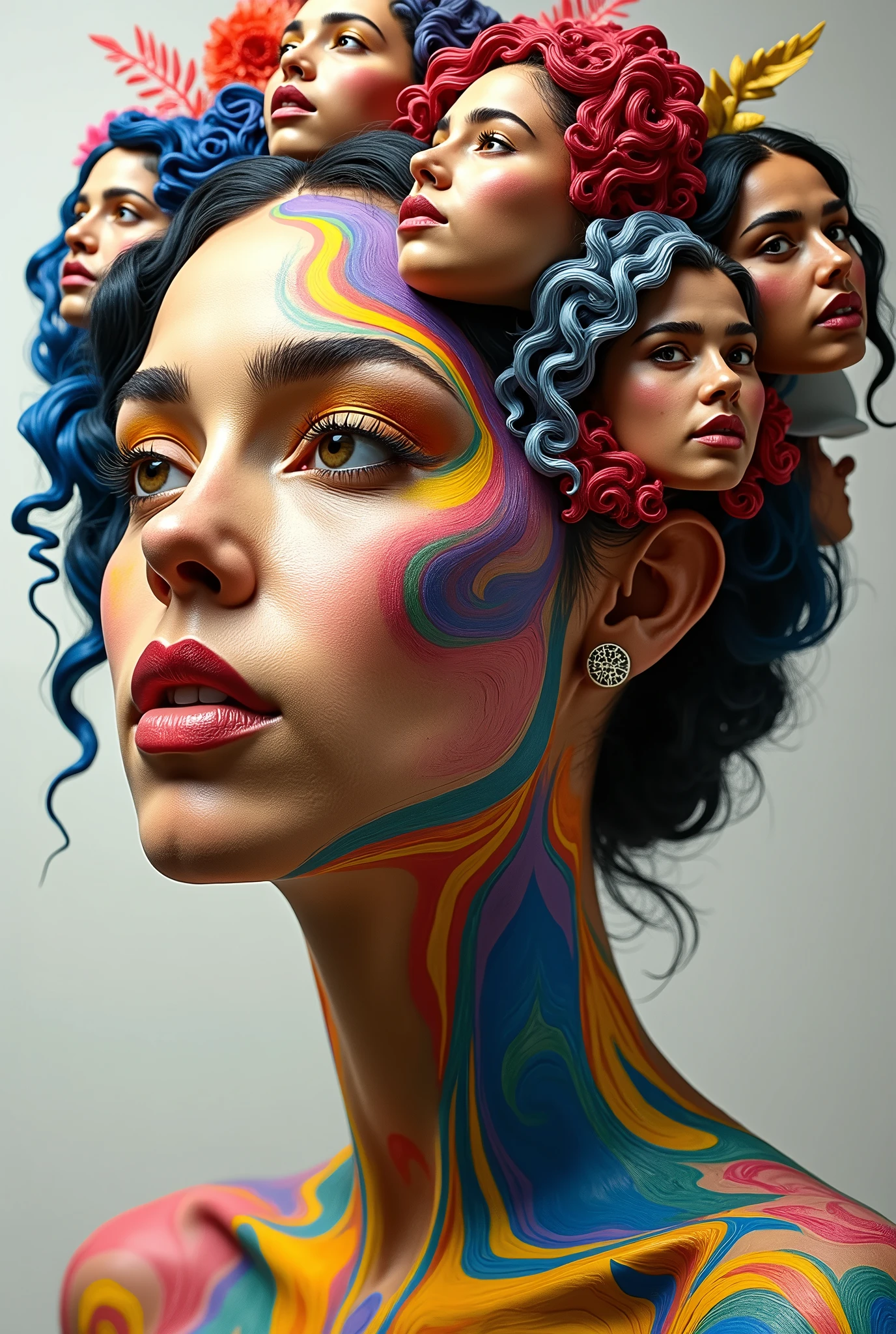 Expressionist artwork images of multiple floating heads of puerto rican women, 3d collage style, make it weird and gallery worthy