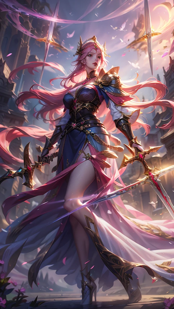 Congregation,Joan of Arc,Long flowing pink hair,head ornaments,Big breasts,Neck gemstone jewelry,Breast Binding,mini lace skirt,Steel armor gloves,Steel armor long high heels,.best quality,masterpiece,Ultra-high resolution(2:0),special magic sword,The sword is long and sharp,The sword has magic runes attached to it,