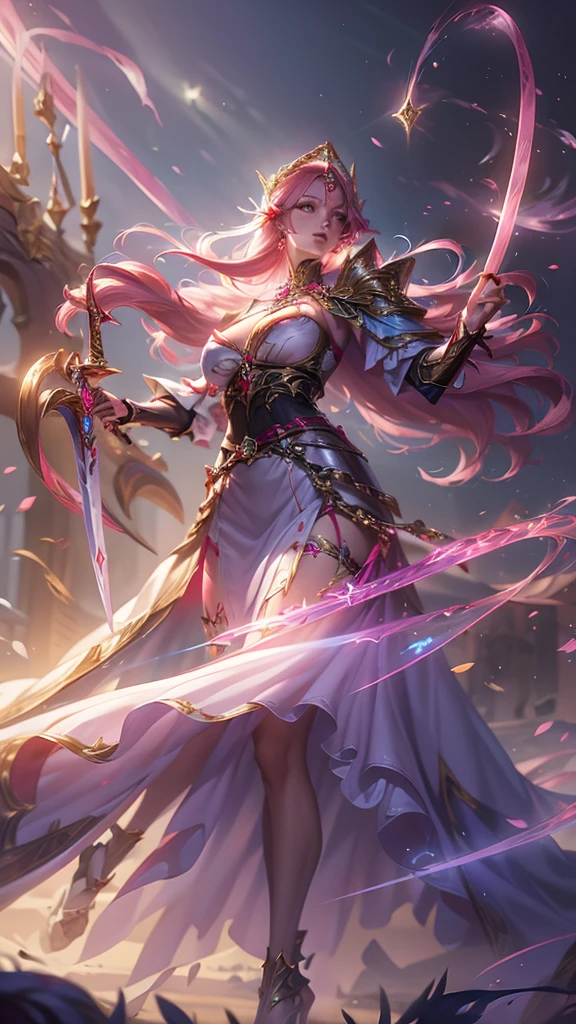 Congregation,Joan of Arc,Long flowing pink hair,head ornaments,Big breasts,Neck gemstone jewelry,Breast Binding,mini lace skirt,Steel armor gloves,Steel armor long high heels,.best quality,masterpiece,Ultra-high resolution（2：0）,special magic sword,The sword is long and sharp,The sword has magic runes attached to it,