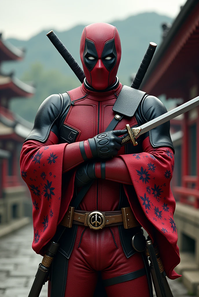 deadpool, samurai, samurai swords, japanese, shibori, kimono, katana, ninja, red,black, detailed, 8k, photorealistic, cinematic lighting, dramatic, intricate, complex, hyper detailed