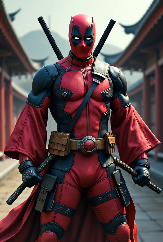 deadpool, samurai, samurai swords, japanese, shibori, kimono, katana, ninja, red,black, detailed, 8k, photorealistic, cinematic lighting, dramatic, intricate, complex, hyper detailed