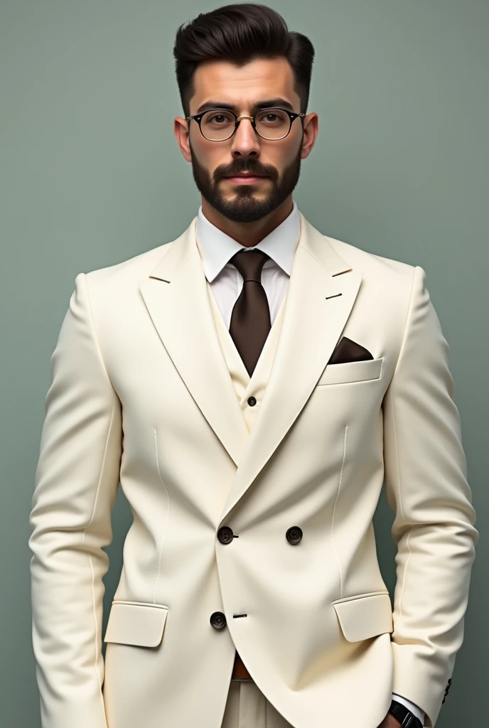 a male character, offwhite, short hair with a traditional cut, Brown suit, dark brown eyes, beard like glasses, broadshouldered, not very muscular, chic, 24 years, Turkish