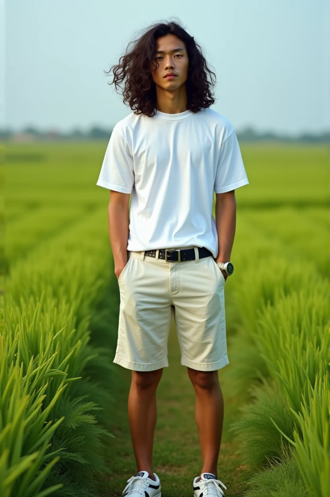 Photography of a 20 year old Asian guy with long curly hair wearing a t-shirt, shorts, golf shoes and complete accessories on the field 