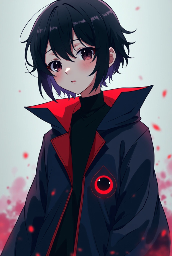 An anime-style character, Trans man, shorth hair, but at neck height, he is very effeminate, He has 1,50 tall, dark eyes and black hair and he wears an overcoat, curly hair, in the coat part there is a little red eye on the left and it is small, just like a symbol and inside he wears a black blouse with a high collar