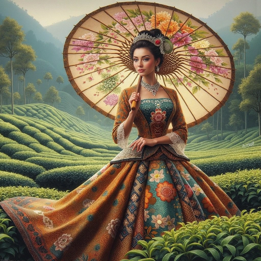 A Dutch lady wearing kebaya noni and batik skirt with flower motif, holding the iconic exotic beautiful Tasikmayala paper umbrella, at her tea plantation in Pangalengan, 1924's fashion style, photo realistic oil on canvas painting, with an insanely detailed and intricate tea plantation background