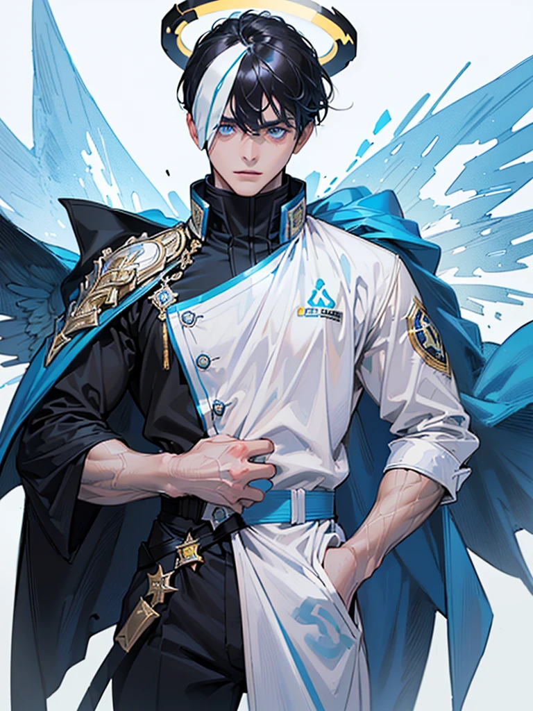 ((Maximum quality, work of art, 4K, finely detailled, detailedeyes, face detailed, gelbooru, pixiv)), warm lighting, ((standing alone)), 1 men, bonitas, masculine, adult and mature man, broadshouldered, Close face ((short black hair with white and blue streak in the bangs, Halo), portraite, gentle face. looking at the observer, ((calm eyes, half covered, blue eyes with white pupils)), wearing a black and blue and gold suit, having blue wings), city background in angelic sky