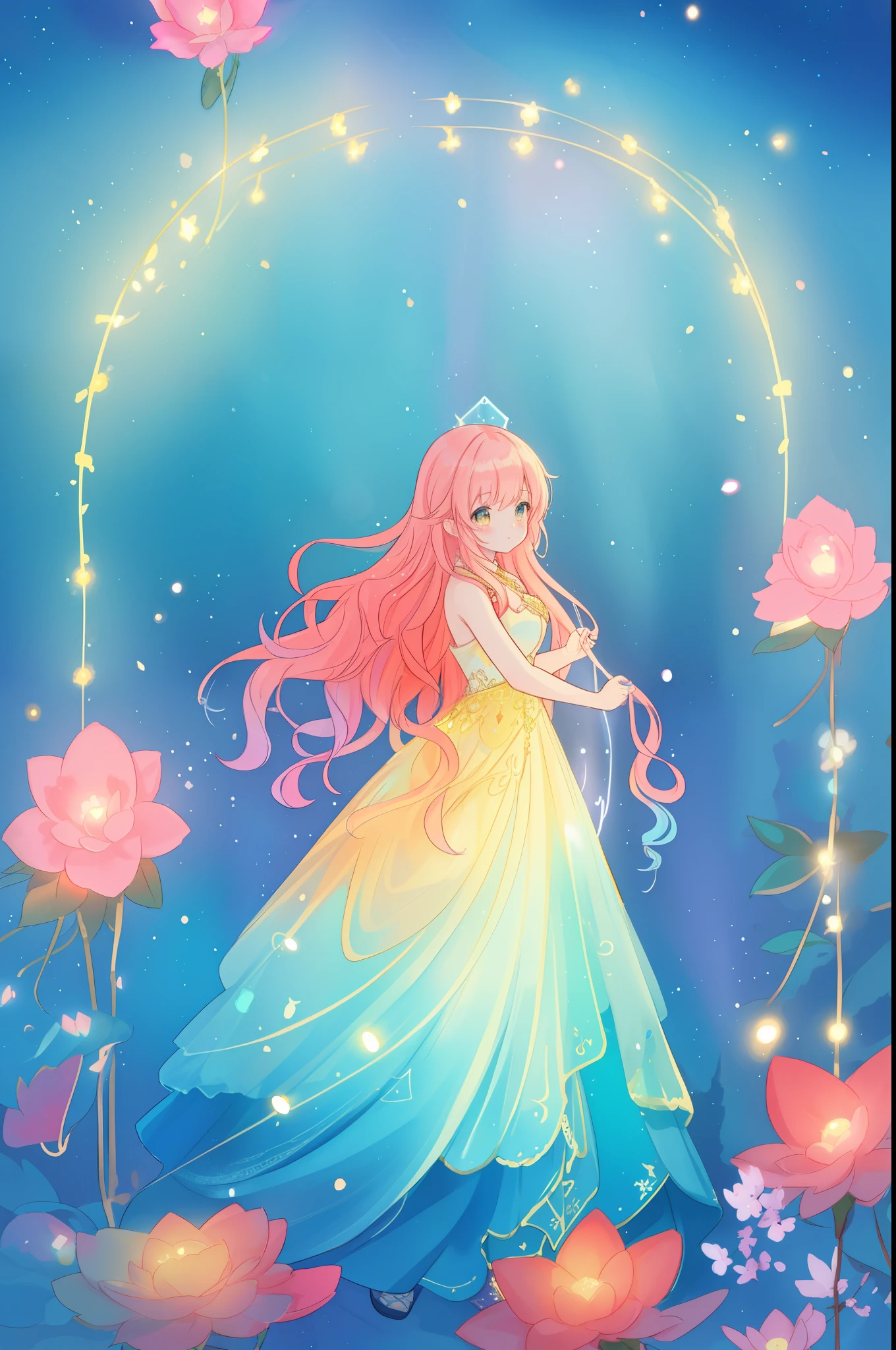 beautiful anime girl in flowing layered ballgown, vibrant pastel colors, (colorful), magical lights, magical flowers, flowers, glowing lights, red pink long wavy hair, sparkling lines of light, inspired by Glen Keane, inspired by Lois van Baarle, disney art style, by Lois van Baarle, glowing aura around her, by Glen Keane, jen bartel, glowing lights! digital painting, flowing glowing hair, glowing flowing hair, beautiful digital illustration, fantasia background, whimsical, magical, fantasy, beautiful face, ((masterpiece, best quality)), intricate details, highly detailed, sharp focus, 8k resolution, sparkling detailed eyes, liquid watercolor